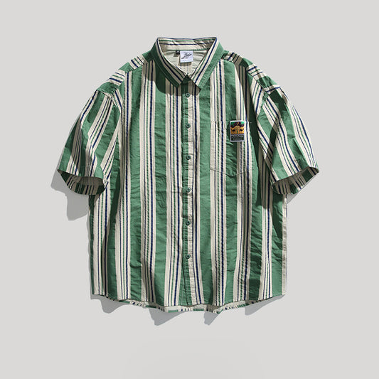 Contrast Vertical Stripe Short Sleeve Shirt – Niche Genderless Casual – Japanese vintage | yamalin clothes | Yamalinclothes