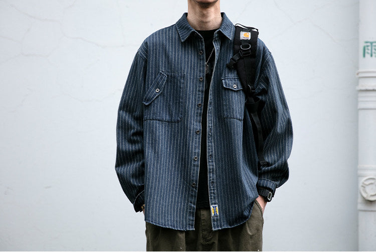 Striped Denim Shirt – Asymmetric Chest Pockets | Yamalinclothes