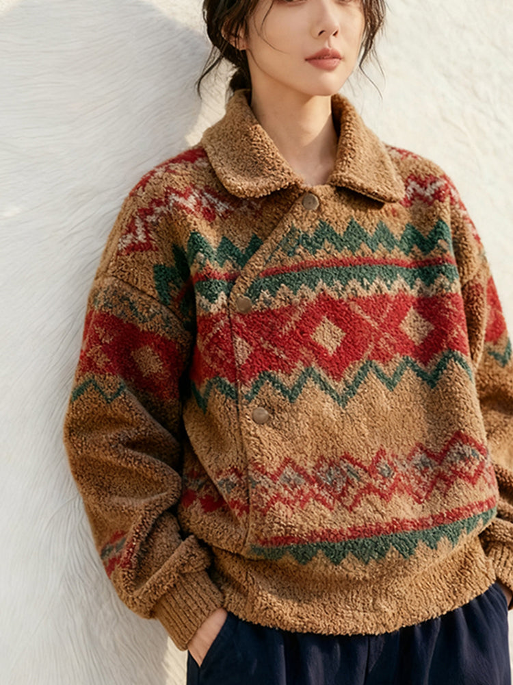 Women's 2025 Autumn Winter Christmas Lamb Wool Coat - Korean Chanel-Inspired Fair Isle Thick High-End Coat