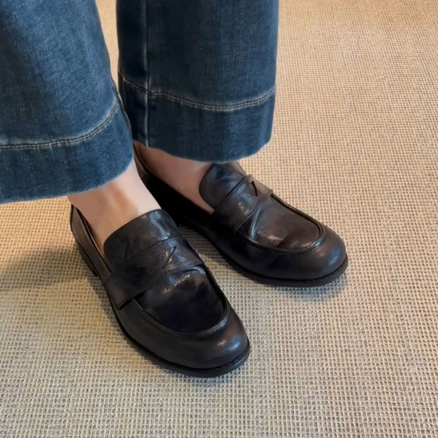 Women's Retro Genuine Leather Loafers - Sheepskin Slip-On Chunky Heel British Style Lazy Shoes