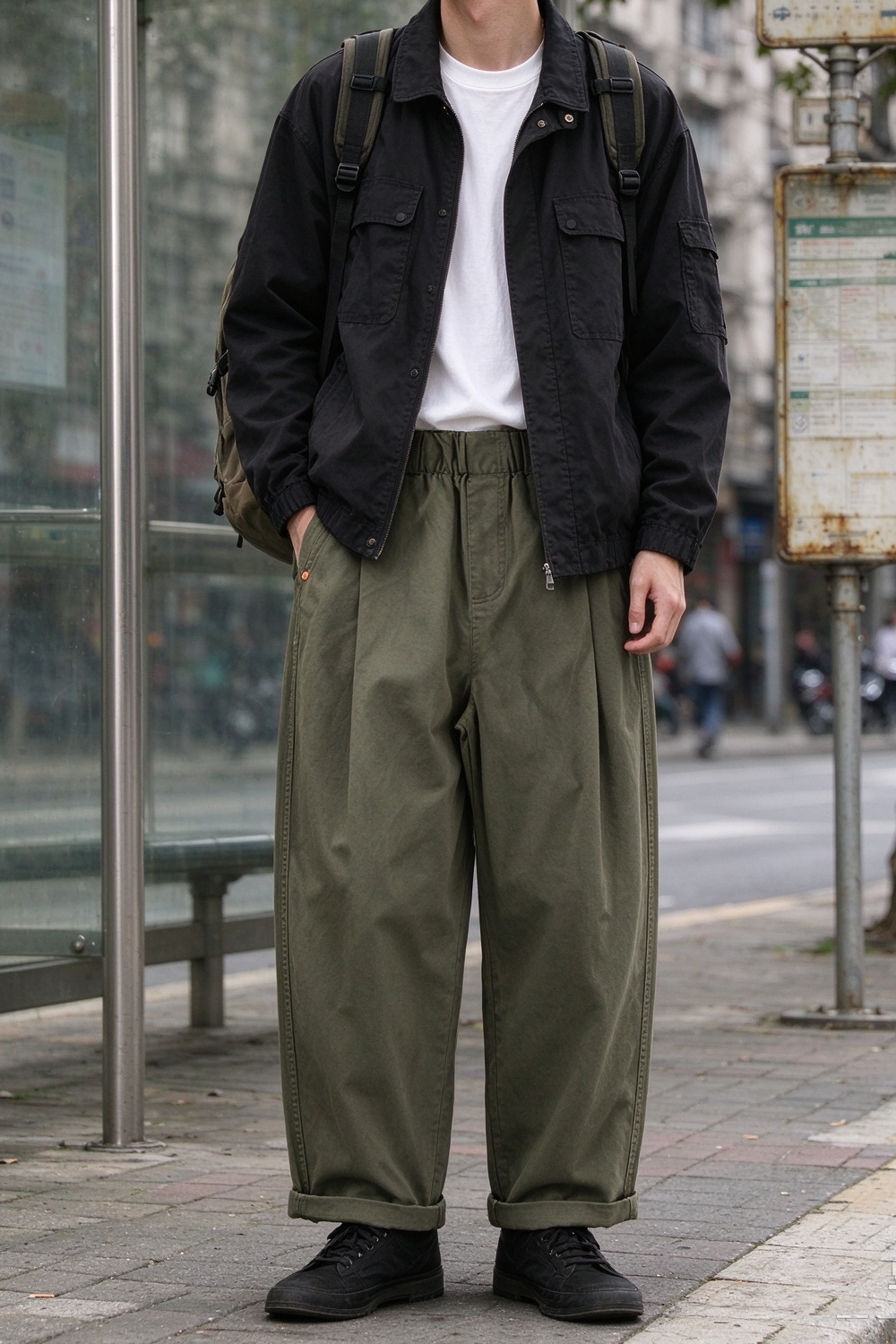 Wide-Leg Cotton Pants – Pleated Elastic Waist | Yamalinclothes | Vintage workwear outfit