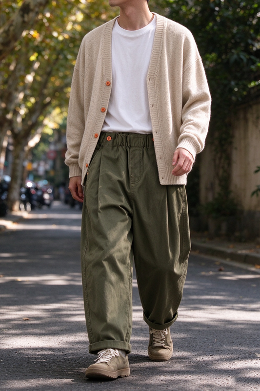 Wide-Leg Cotton Pants – Pleated Elastic Waist | Yamalinclothes | Vintage workwear outfit
