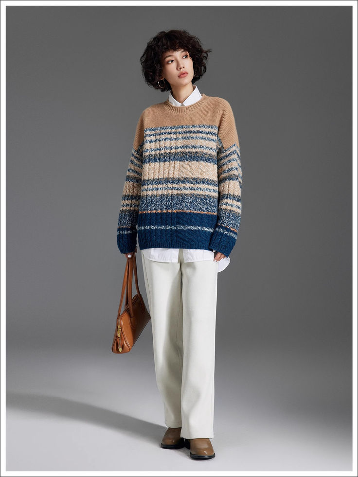 Floral Yarn Color-Block Knit Sweater – Crew Neck Oversized Unisex | Yamalin clothes | Men's Vintage Workwear