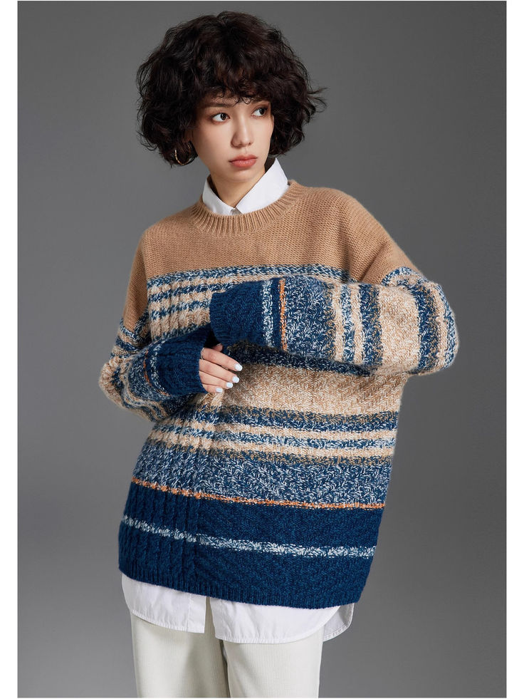 Floral Yarn Color-Block Knit Sweater – Crew Neck Oversized Unisex | Yamalin clothes | Men's Vintage Workwear