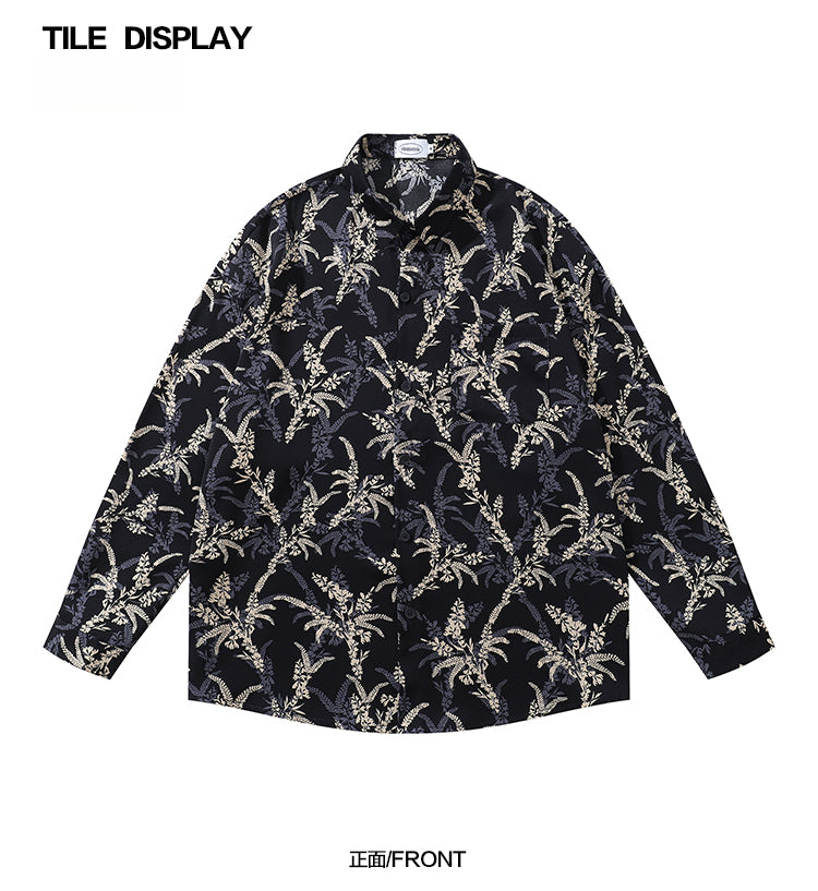 American Style Casual Floral Full Print Long Sleeve Shirt for Men, Loose Beach Shirt Jacket for Autumn