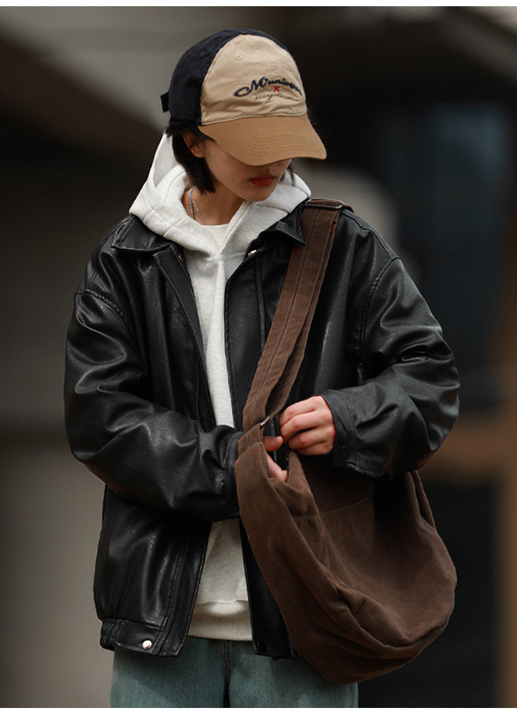 American Retro Lapel Leather Biker Jacket – Oversized Unisex | Yamalin clothes | Vintage workwear outfit for men