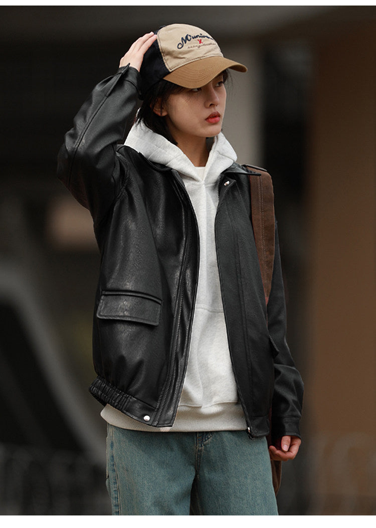 American Retro Lapel Leather Biker Jacket – Oversized Unisex | Yamalin clothes | Vintage workwear outfit for men