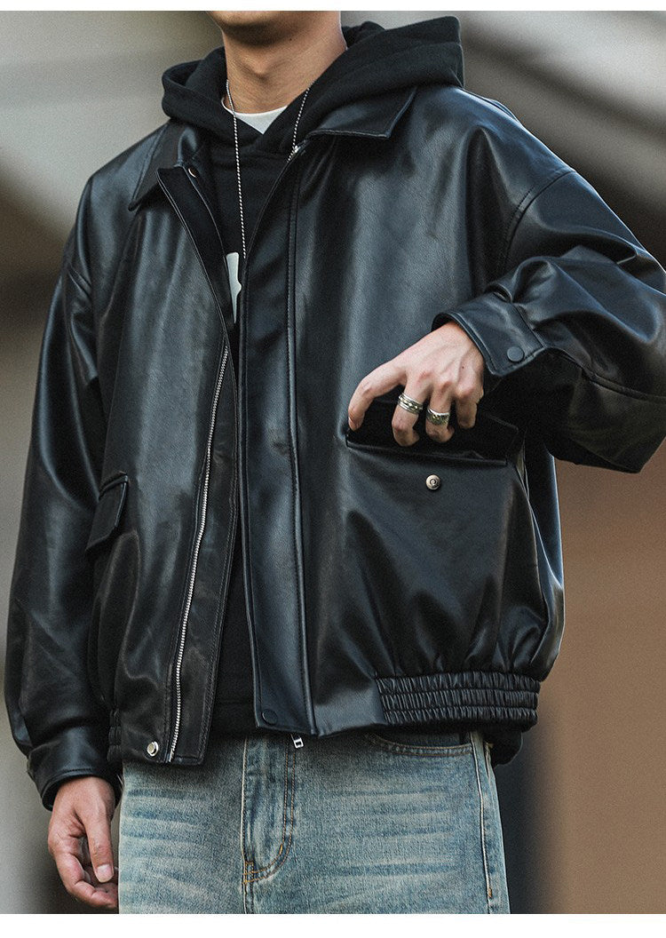 American Retro Lapel Leather Biker Jacket – Oversized Unisex | Yamalin clothes | Vintage workwear outfit for men