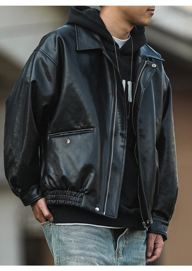American Retro Lapel Leather Biker Jacket – Oversized Unisex | Yamalin clothes | Vintage workwear outfit for men