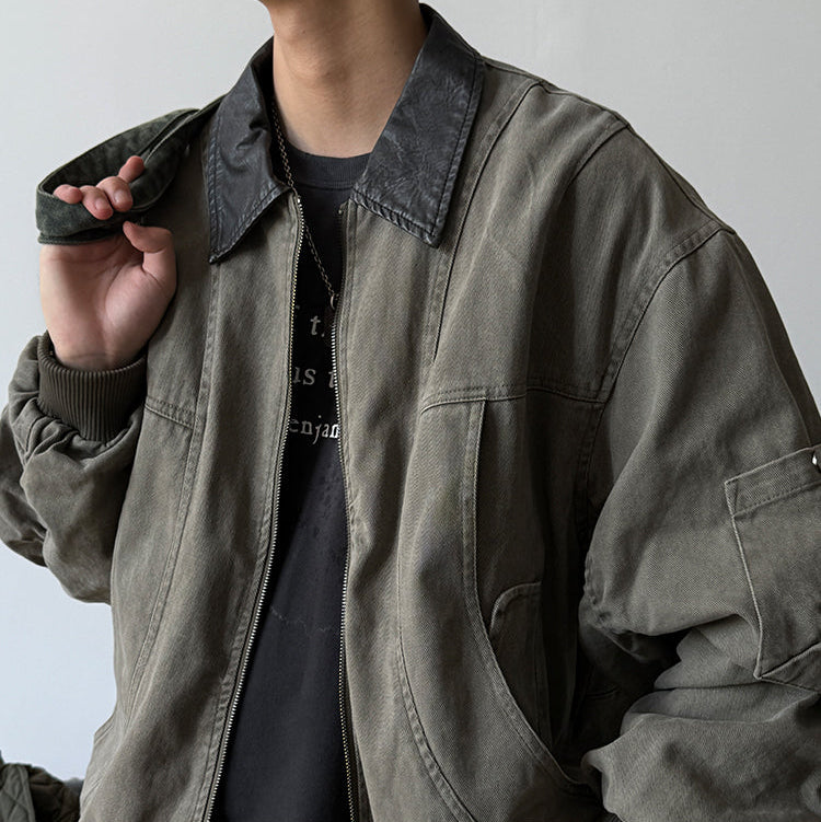Washed Workwear Jacket – Contrast Collar & Sleeve Pocket | Yamalinclothes | Vintage workwear outfit