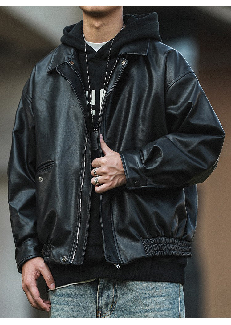 American Retro Lapel Leather Biker Jacket – Oversized Unisex | Yamalin clothes | Vintage workwear outfit for men