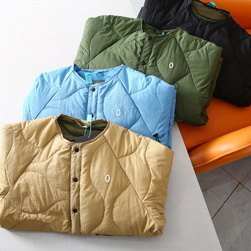 Collarless Down Jacket – Wave Quilting & Snap Front