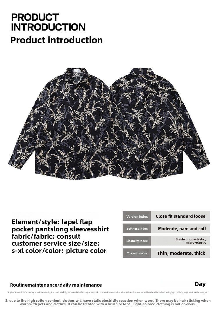American Style Casual Floral Full Print Long Sleeve Shirt for Men, Loose Beach Shirt Jacket for Autumn