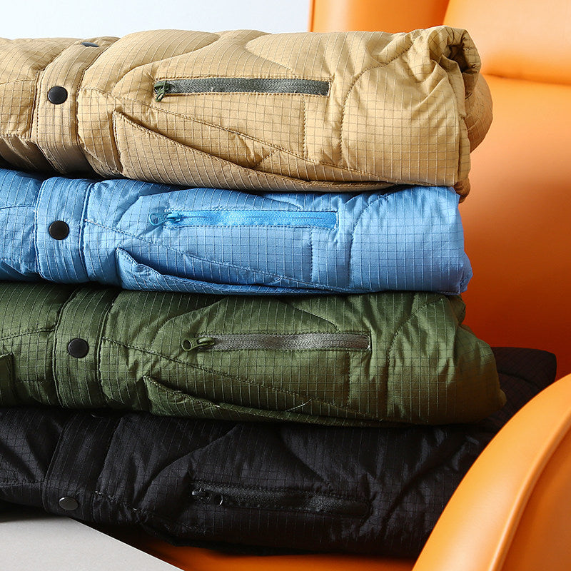 Collarless Down Jacket – Wave Quilting & Snap Front