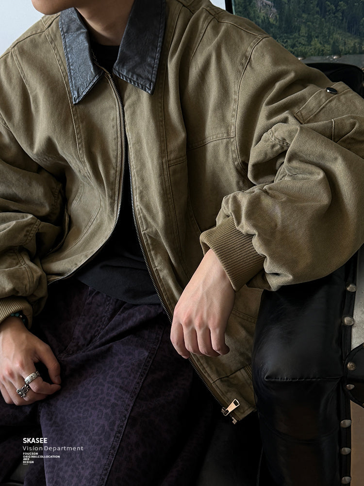 Washed Workwear Jacket – Contrast Collar & Sleeve Pocket | Yamalinclothes | Vintage workwear outfit