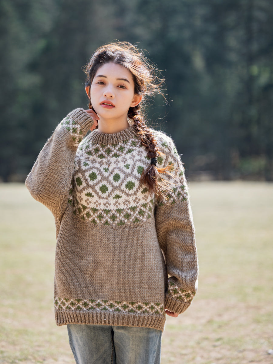 Handmade Iceland Sweater for Women Pullover Light Brown Thick Loose Nordic Retro Wide Knit College Style Travel Photography Niche