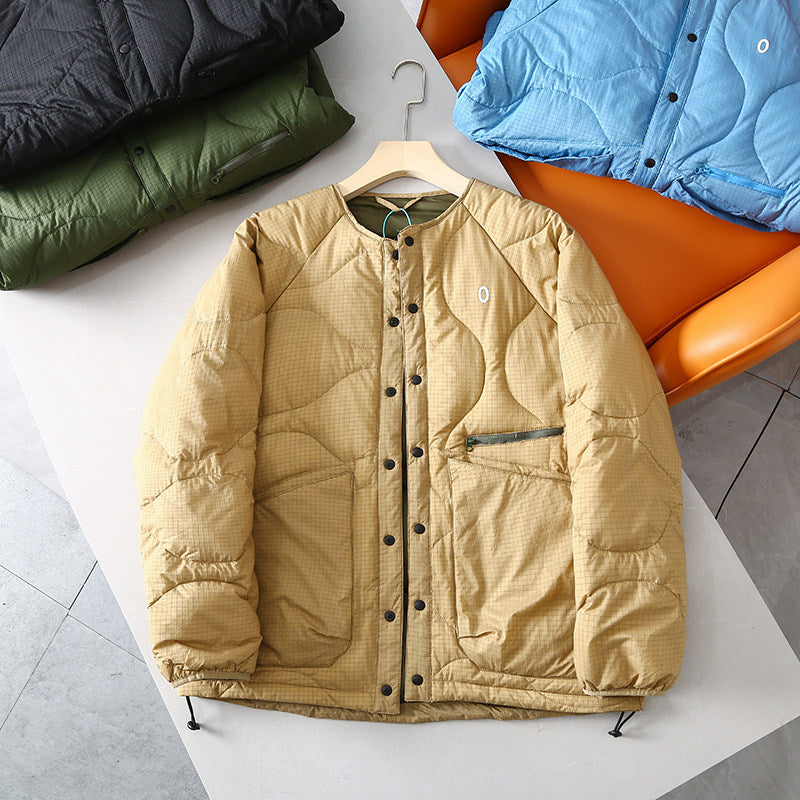 Collarless Down Jacket – Wave Quilting & Snap Front