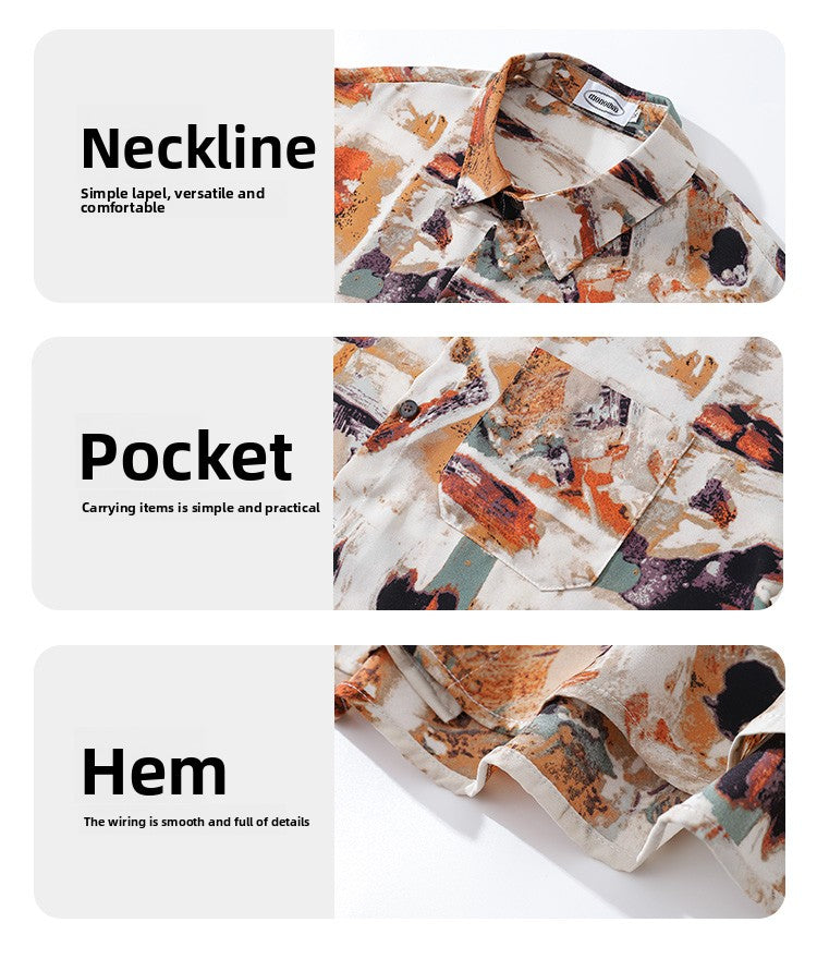 Design Sense Oil Painting Print Long Sleeve Floral Shirt for Men Spring and Autumn Trendy Brand Beach Casual Shirt Jacket