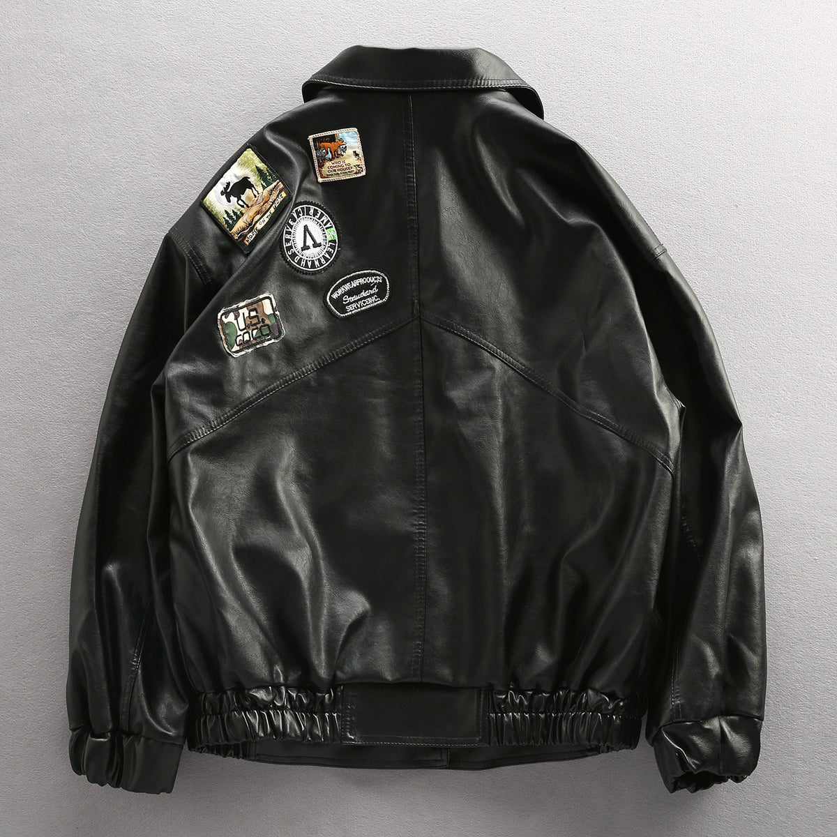 Badge Embroidered PU Leather Biker Jacket – Oversized Unisex | Yamalin clothes | Vintage workwear outfit for men