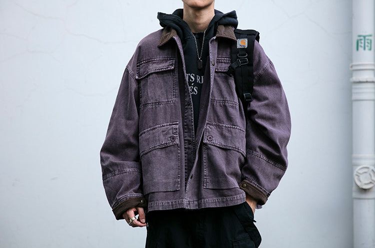 Cotton Cargo Jacket – Corduroy Collar & Four Pockets | Yamalin clothes | Vintage workwear outfit for men
