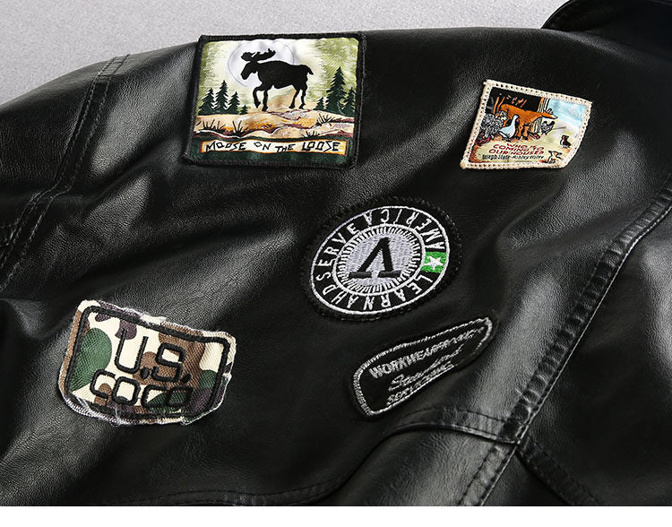 Badge Embroidered PU Leather Biker Jacket – Oversized Unisex | Yamalin clothes | Vintage workwear outfit for men