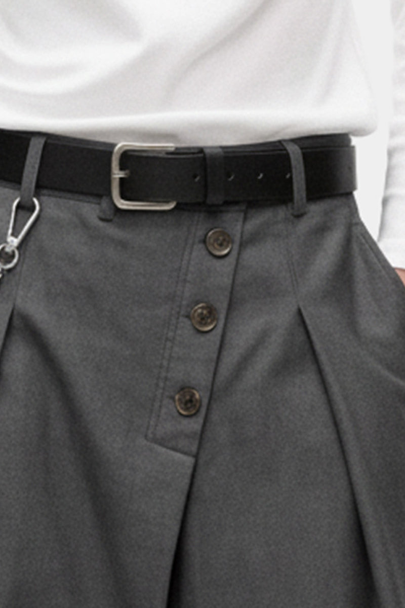 Wide-Leg Trousers – Diagonal Buttons & Deep Pleats