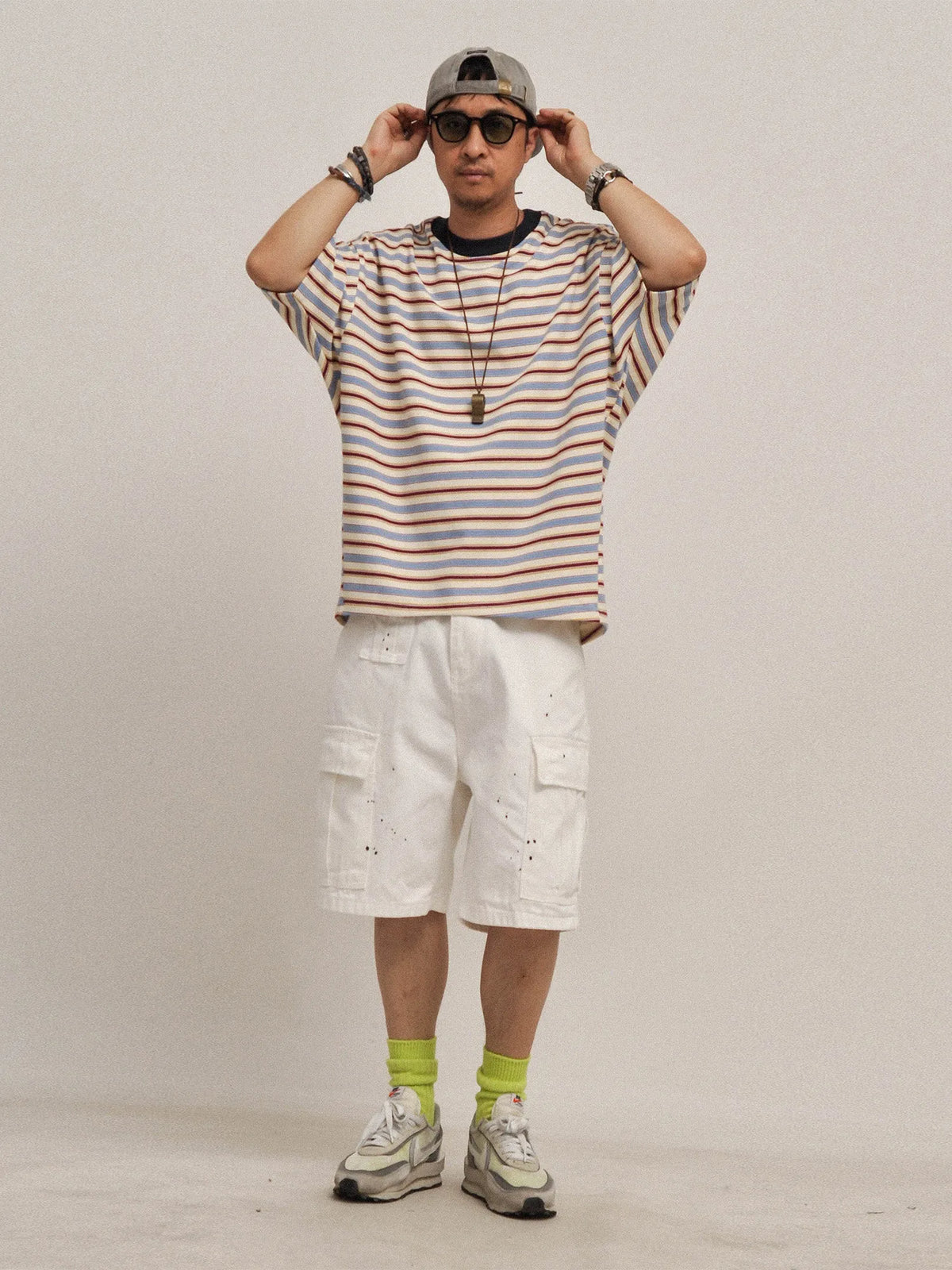 Rainbow Stripe Bat-Sleeve Heavyweight Retro T-Shirt – Loose Colorful Unisex Summer Tee | Yamalinclothes