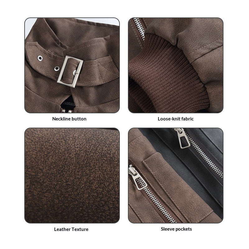 Double-Zip Stand-Collar PU Leather Jacket – Vintage Oversized Unisex