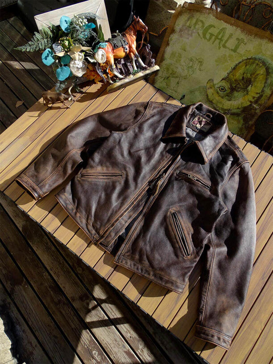 Stone-Washed Distressed Cowhide Leather Jacket – Men's American Retro Cargo Coat