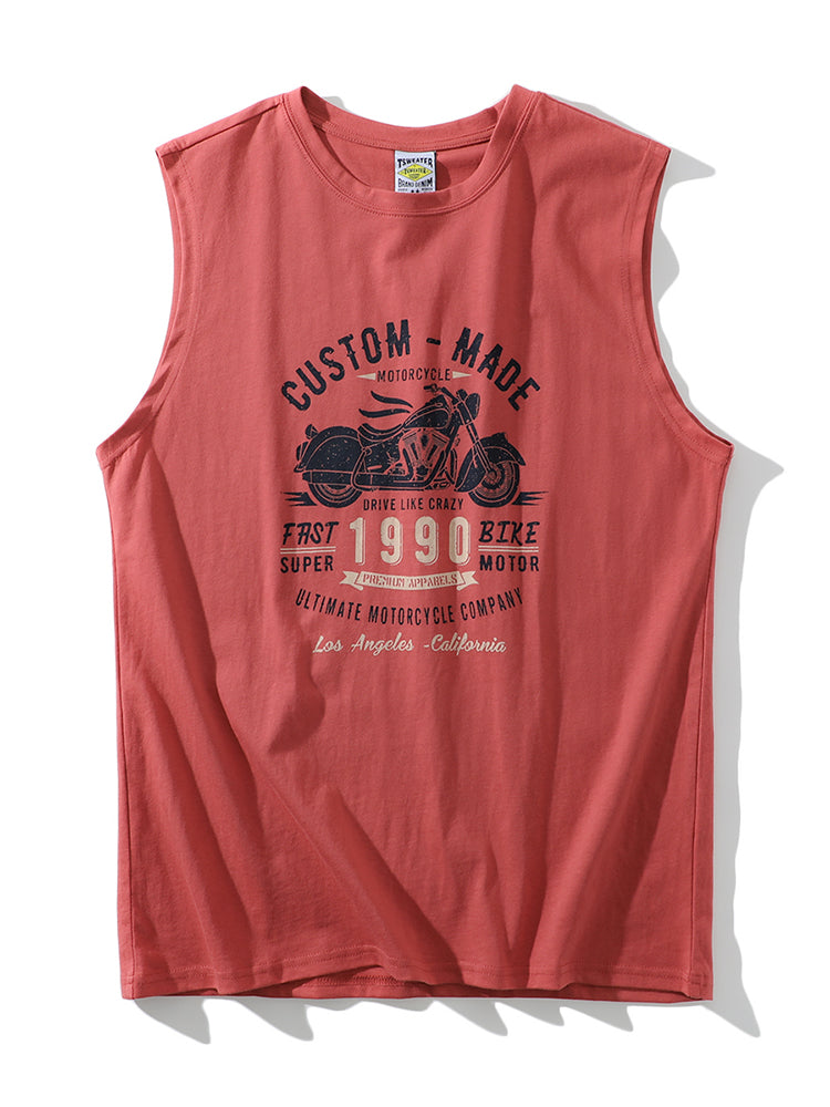 American-Retro Washed 100% Cotton Printed Sleeveless Vest – Trendy Summer Sports Casual Tee