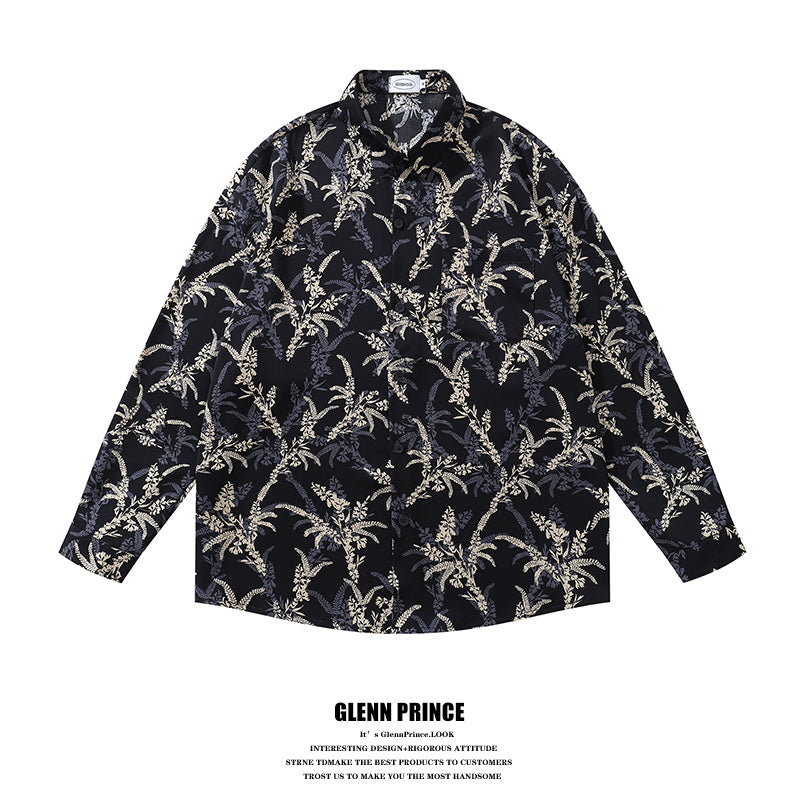American Style Casual Floral Full Print Long Sleeve Shirt for Men, Loose Beach Shirt Jacket for Autumn