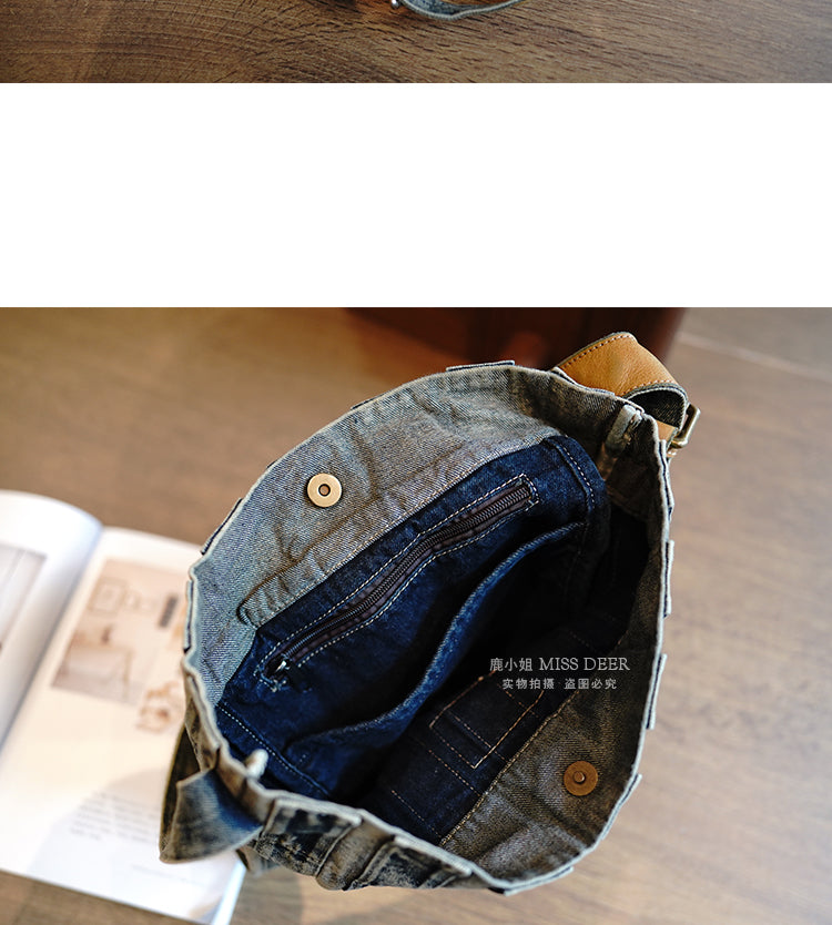 Vintage Washed Distressed Denim Patchwork Lightweight Large Capacity Tote Bag Versatile Casual Shoulder Crossbody Bag