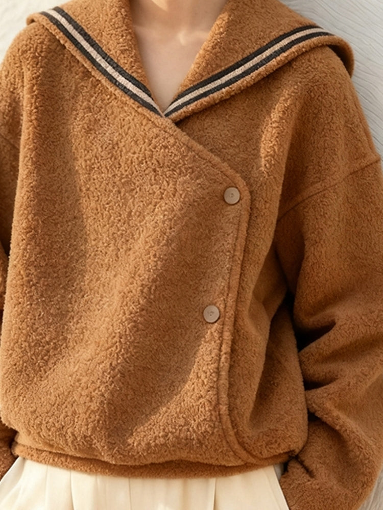 Women's 2025 Autumn Winter Old Money Style Lamb Wool Coat - Petite Brown Navy Collar Thick Warm Coat