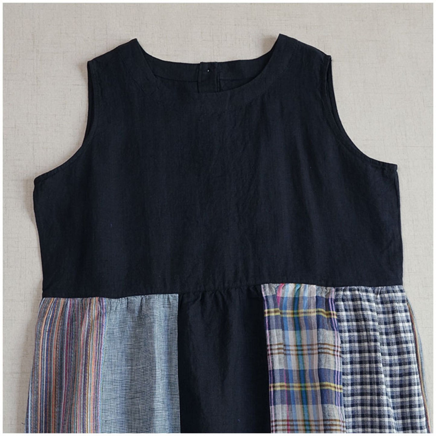 Linen Color-Block Mori Girl Tank Dress – High-Waist, Loose, Round Neck