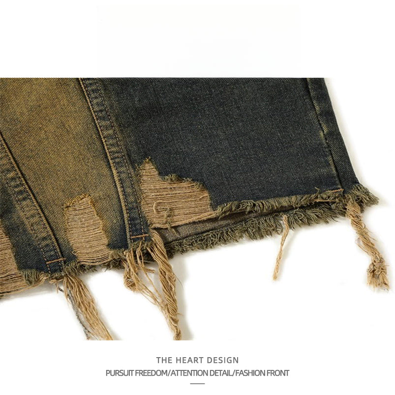 Vintage Distressed Turn-Down Collar Short Fringe Raw Edge Denim Vest Men's Functional Style Workwear Stylish Vintage Vest