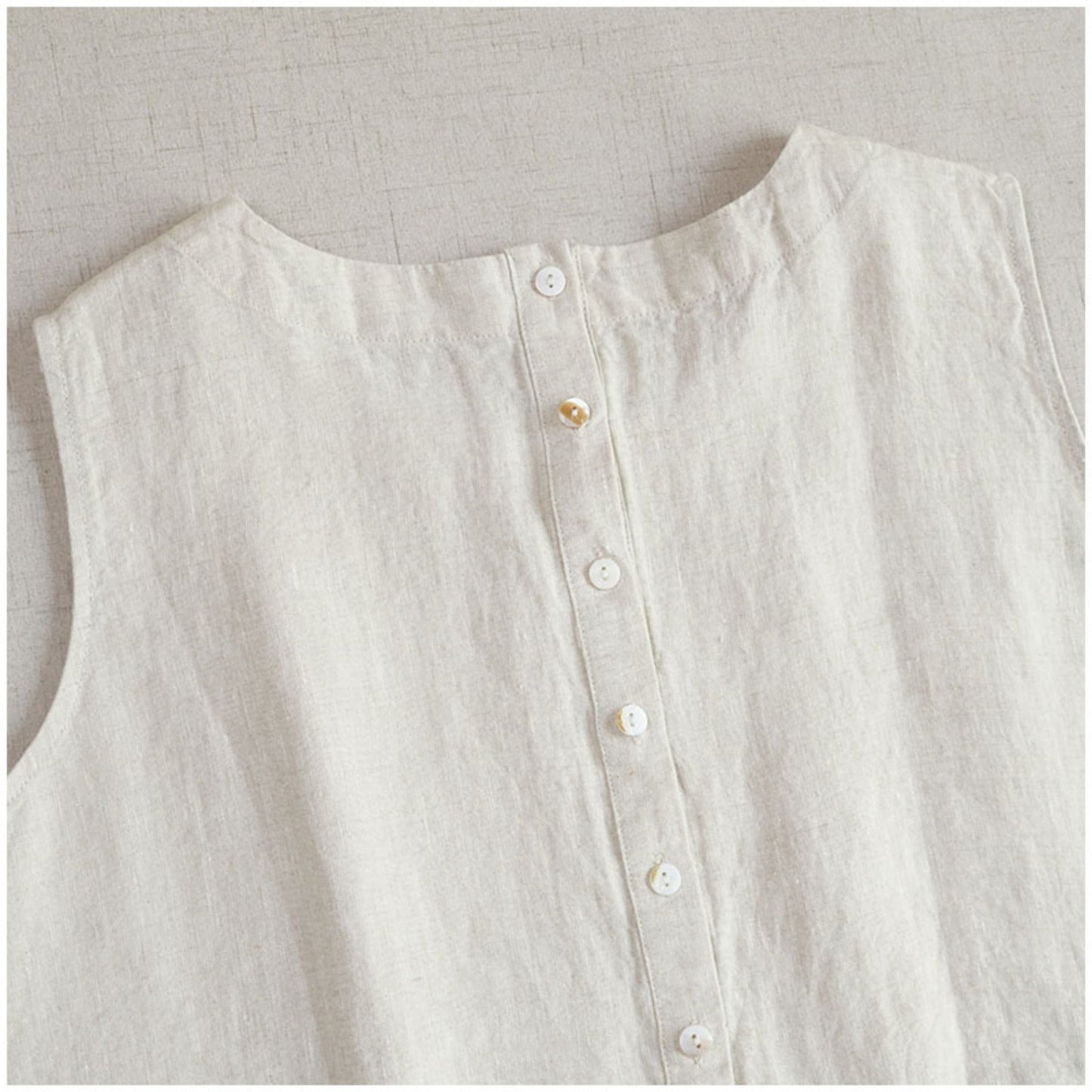 Linen Color-Block Mori Girl Tank Dress – High-Waist, Loose, Round Neck