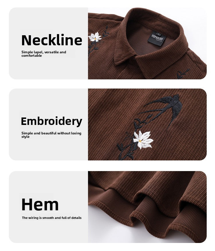 GPStudio American-Retro Floral Embroidery Corduroy Shirt – Long Sleeve, Loose Fit