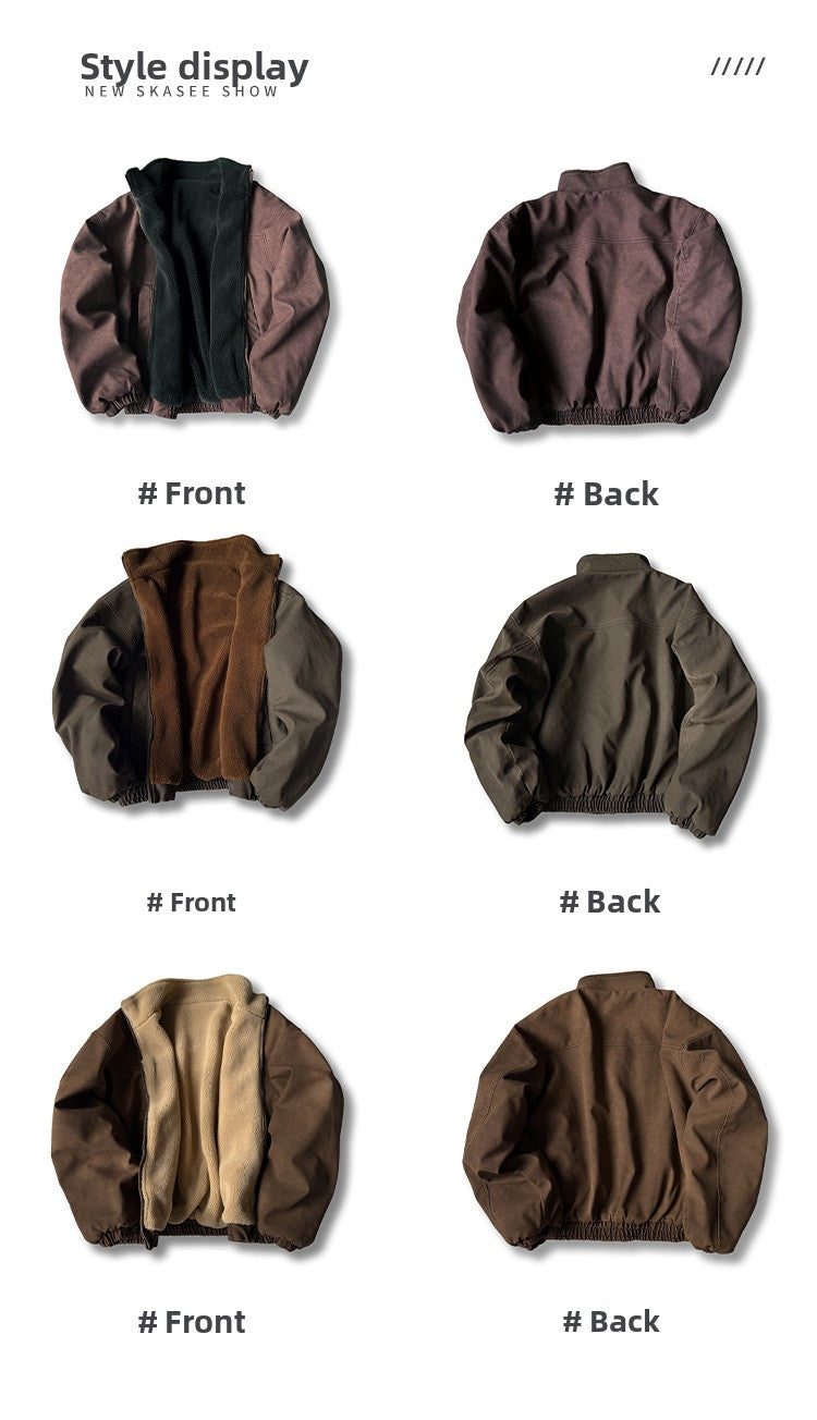 Heavy-Duty Washed Vintage Cotton Jacket - Lambswool Lined Stand Collar Coat (Men)