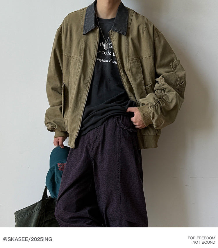 Vintage Washed Leather-Collar Cargo Jacket - Loose Barn Coat (Unisex)