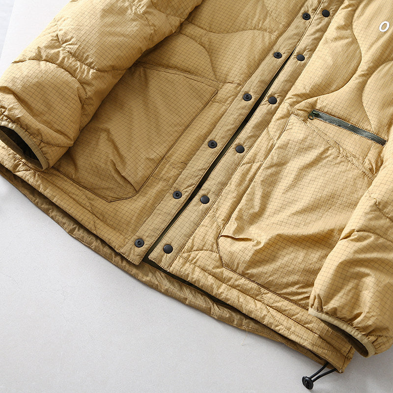 Collarless Down Jacket – Wave Quilting & Snap Front