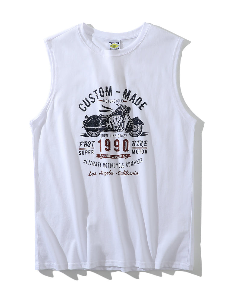 American-Retro Washed 100% Cotton Printed Sleeveless Vest – Trendy Summer Sports Casual Tee