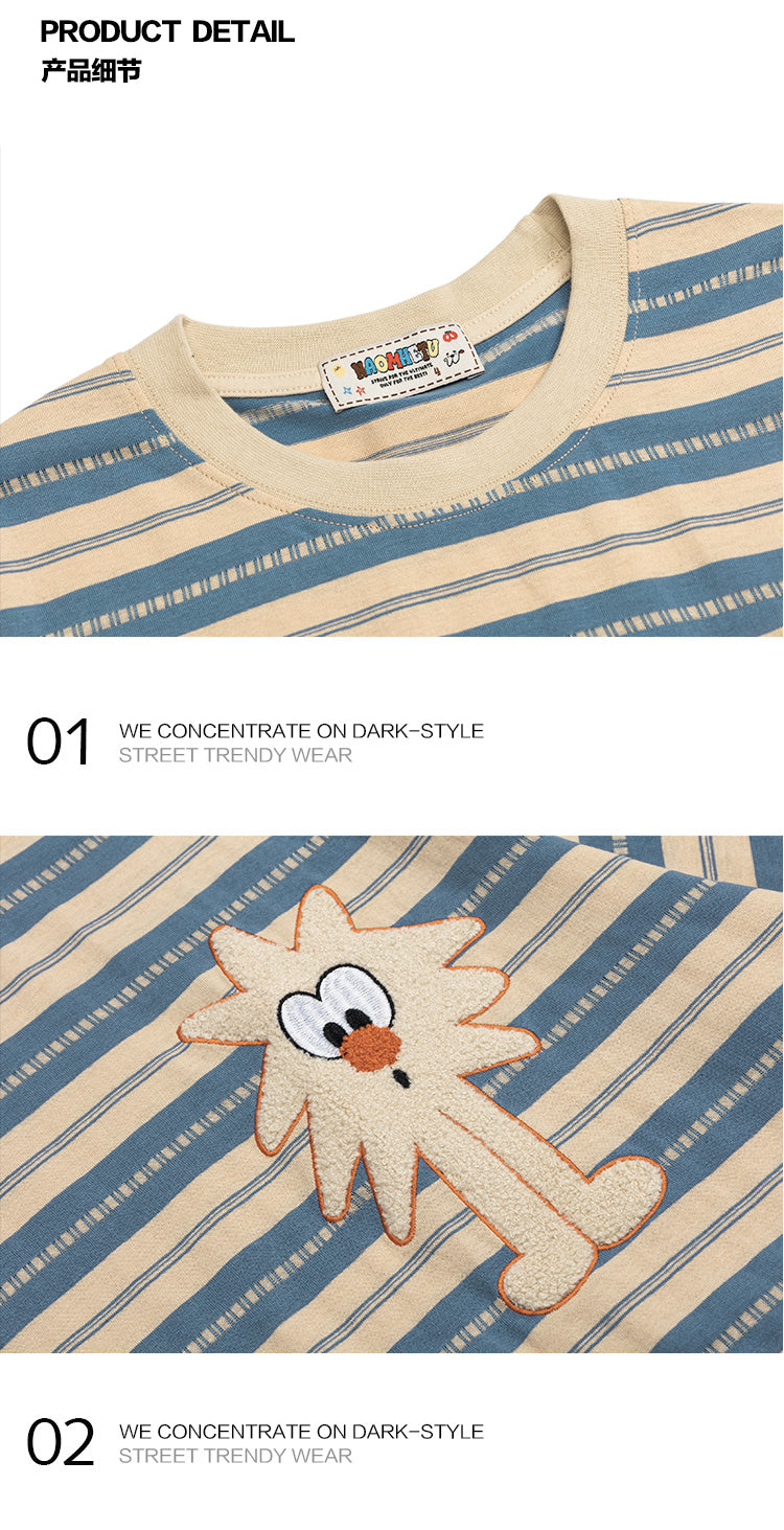 Japanese Style Casual Cartoon Color Block Striped Short Sleeve Men's T-Shirt Summer Oversize Lazy Half Sleeve Tee