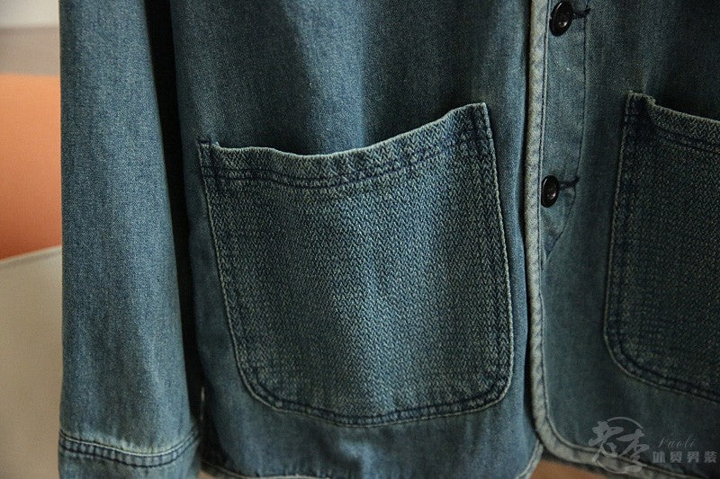 Autumn New Japanese Retro Washed Cotton Men's Casual Versatile Collarless Denim Jacket Coat Trend