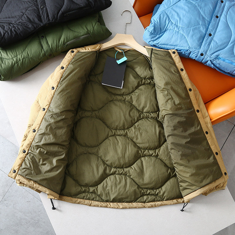 Collarless Down Jacket – Wave Quilting & Snap Front