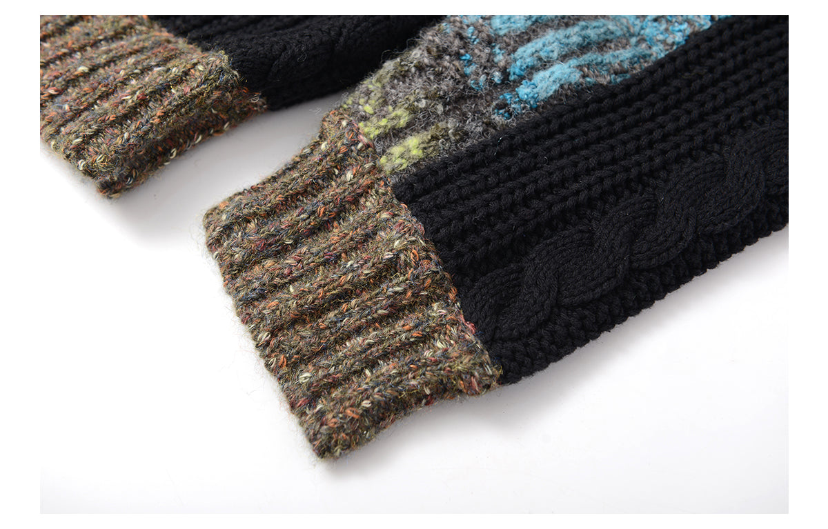 Heavy-weight twisted patchwork gradient back collar camel wool sweater