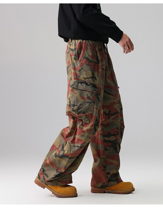 American-style trendy camouflage pocket cargo pants for men, winter loose casual straight leg trousers