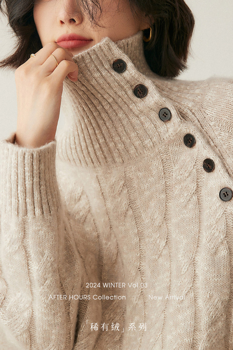 Heavy-duty lazy cashmere sweater, diagonal buttoned floral tulle, thickened twisted high-neck sweater, Korean autumn/winter new women's knitwear | Yamalinclothes