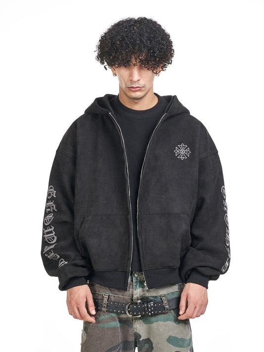 Suede Embroidered Hooded Zip Sweatshirt – Loose Vintage Unisex Jacket