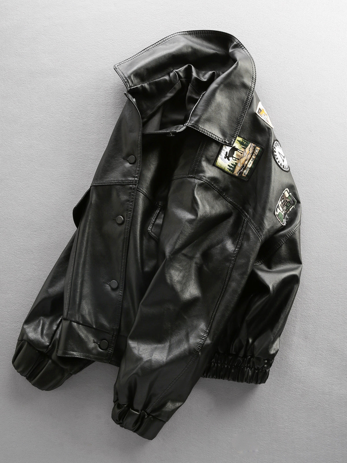 Badge Embroidered PU Leather Biker Jacket – Oversized Unisex | Yamalin clothes | Vintage workwear outfit for men