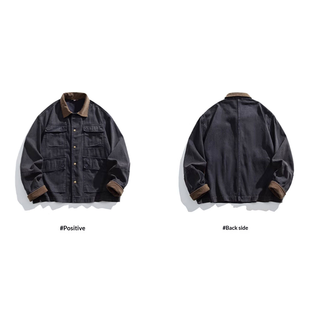 Cotton Cargo Jacket – Corduroy Collar & Four Pockets | Yamalin clothes | Vintage workwear outfit for men